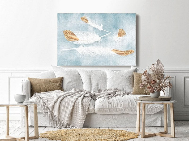 Canvas Wall Art, Abstract Portrait of White and gold feathers cm