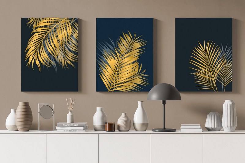set of Canvas Wall Art, Abstract Portrait of Golden palm and tropical leaves cm