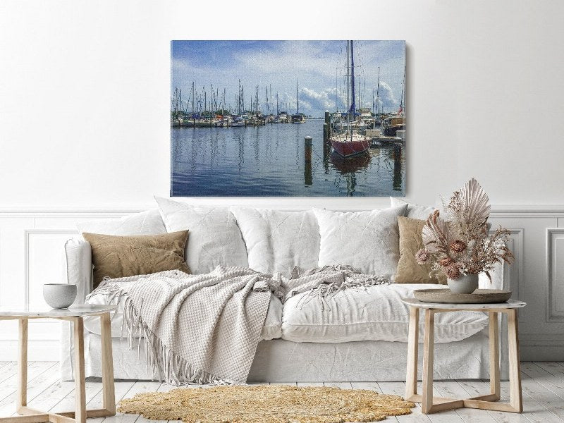 Canvas Wall Art, Abstract Portrait of Shoreline view of yachts on calm cm