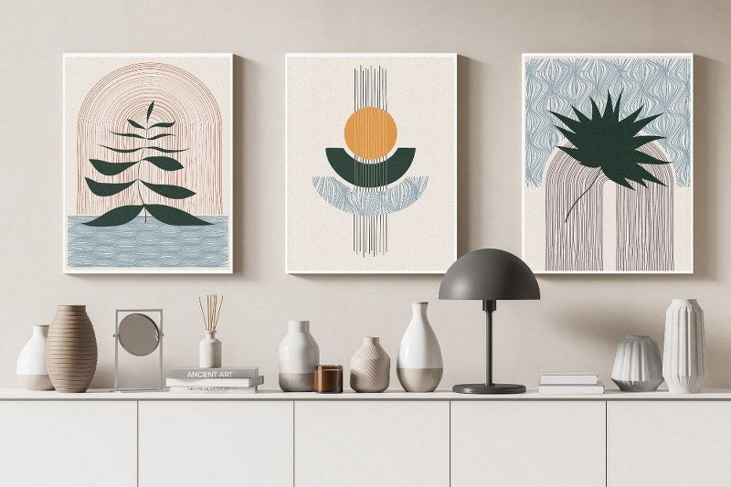 set of Canvas Wall Art, Abstract Portrait of runge textured circles in Boho style cm