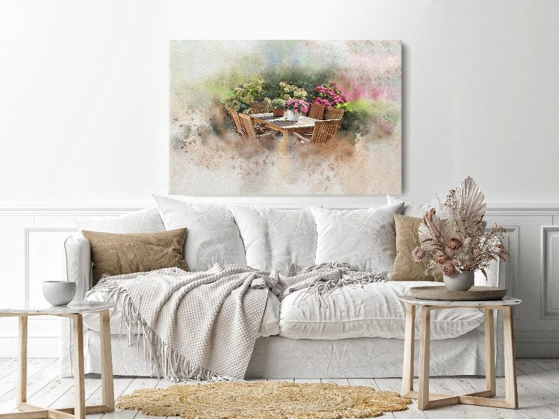 Canvas Wall Art, Abstract Portrait of garden table set flower pots and flower bushes.