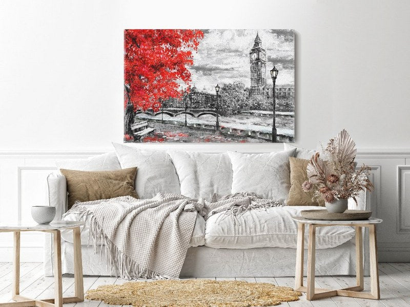 Canvas Wall Art, Abstract Portrait of Big ben and red tree. England. Bridge and river