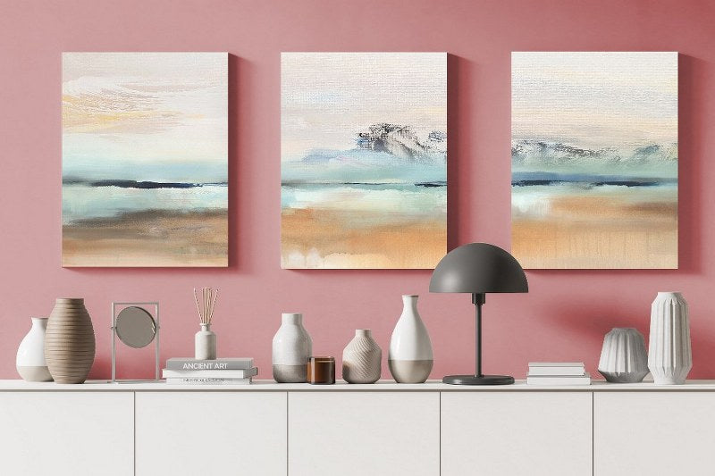 set of Canvas Wall Art, Abstract Portrait of A set of three abstract background of minimalism. With a geometric pattern of art