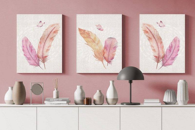 set of Canvas Wall Art, Abstract Portrait of pink feather butterfly geometric art pattern