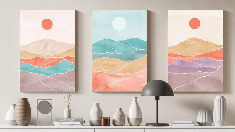 set of home gallery Set of three abstract aesthetic mid century modern colorful landscape Printed Canvas wall art cm