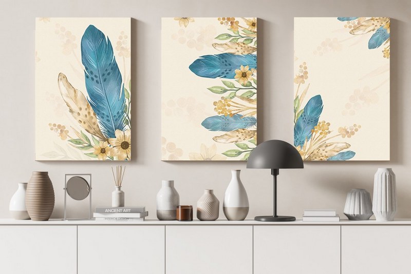 set of home gallery Set of three Blue Feather Wall Art Printed Canvas wall art cm