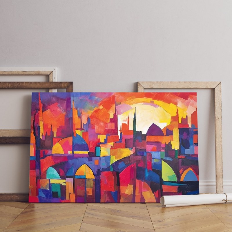 home gallery painting city with blue sky red sun Printed Canvas wall art cm