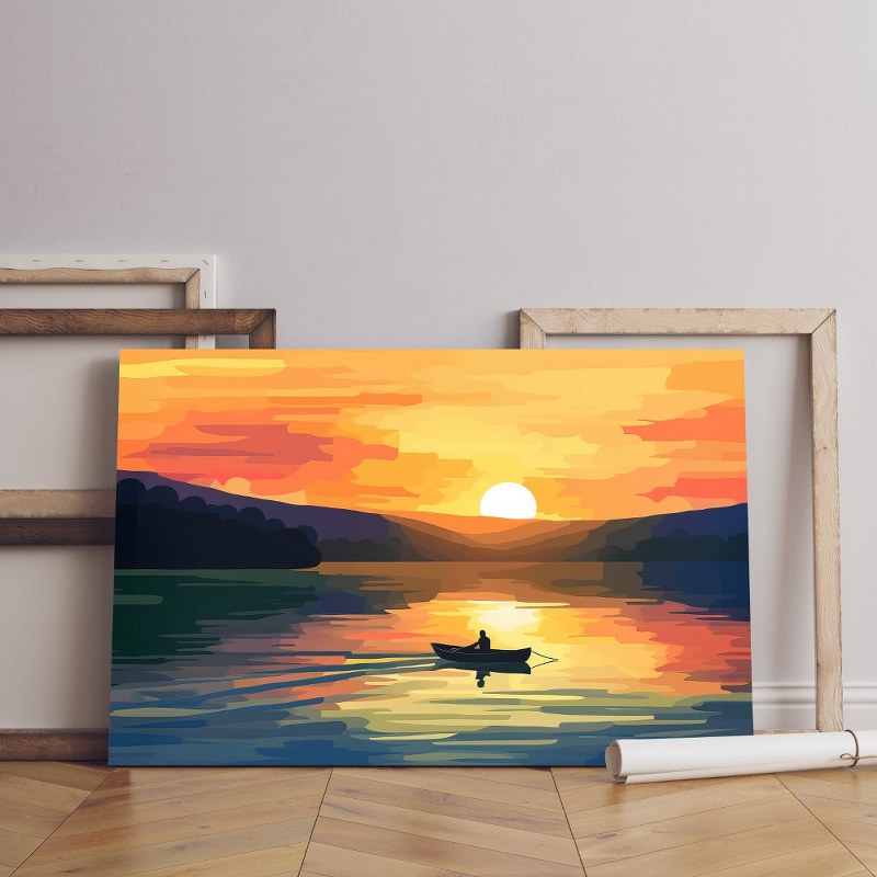 Home Gallery painting man boat lake with sun setting Printed canvas wall art cm