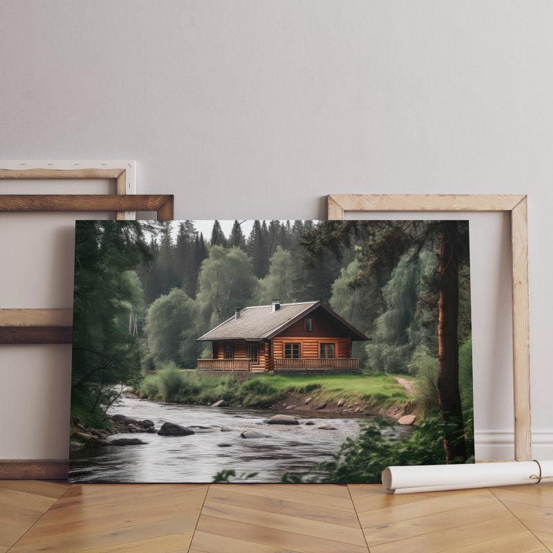 Inspiring view log cabin from forest with the river background Printed canvas wall art