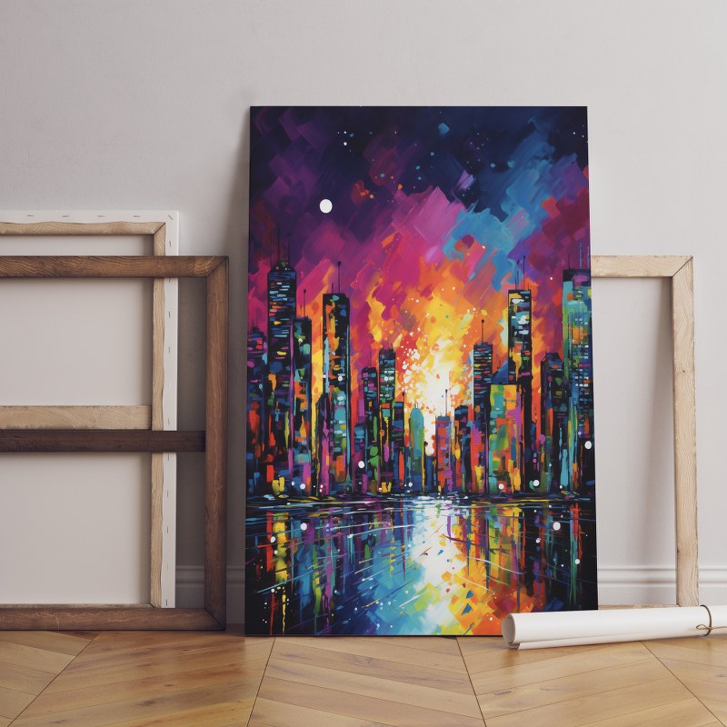 Painting colorful city with moon on sky Printed canvas wall art