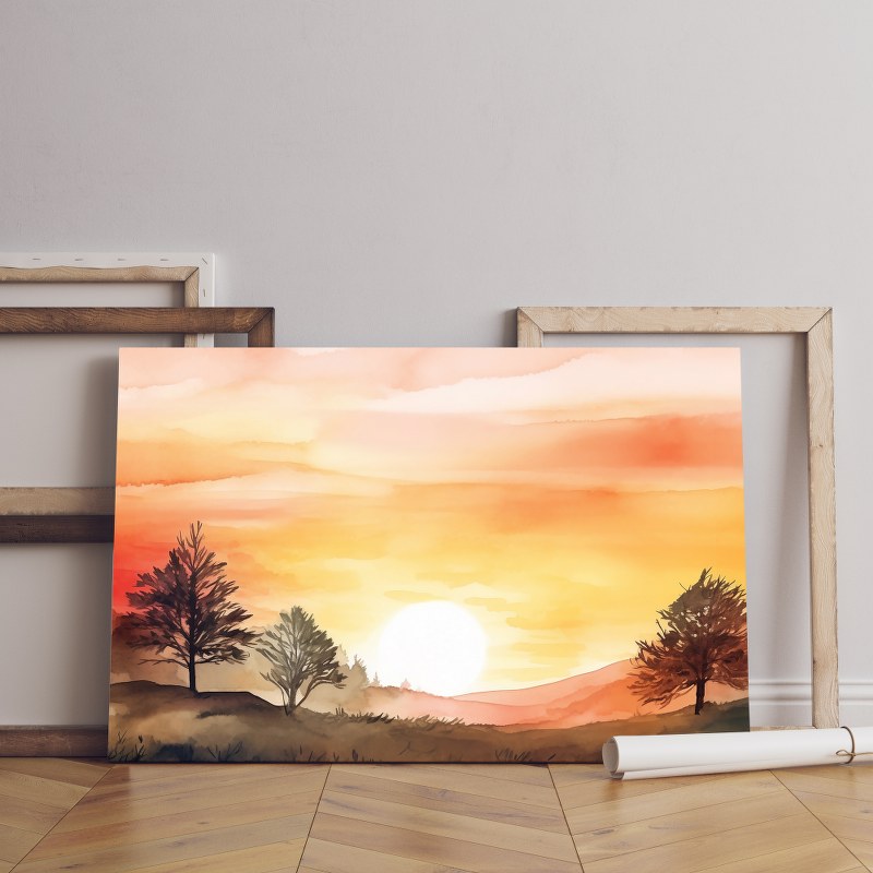 Landscape with trees and sunset Printed canvas wall art