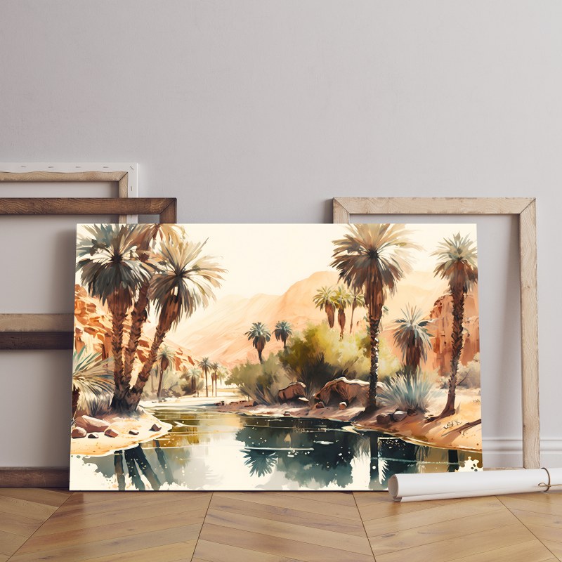 Painting river with palm trees in desert Printed canvas wall art