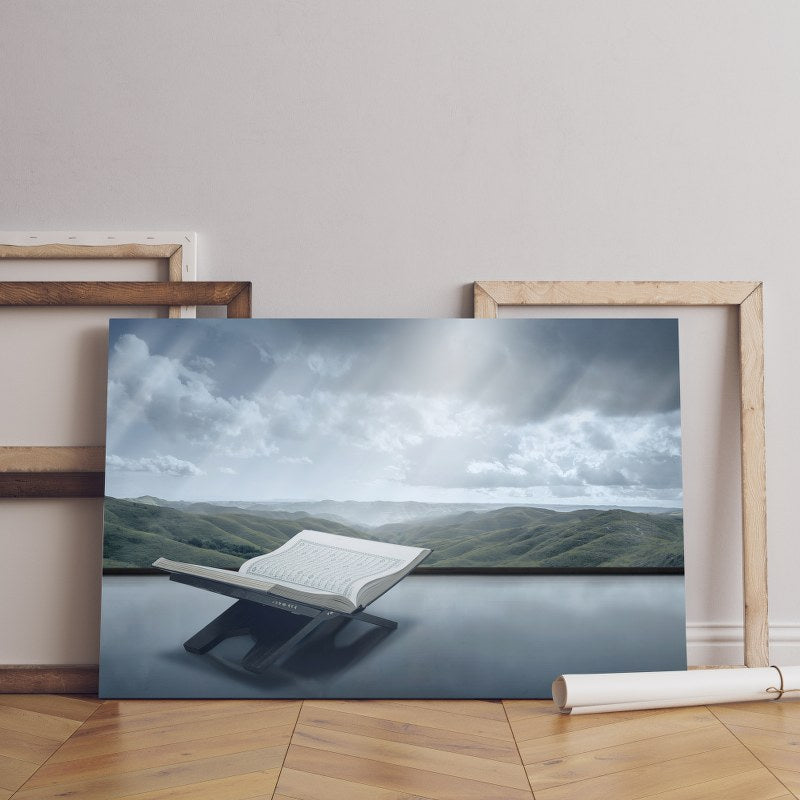 Quran open wooden placemat with mountain view background