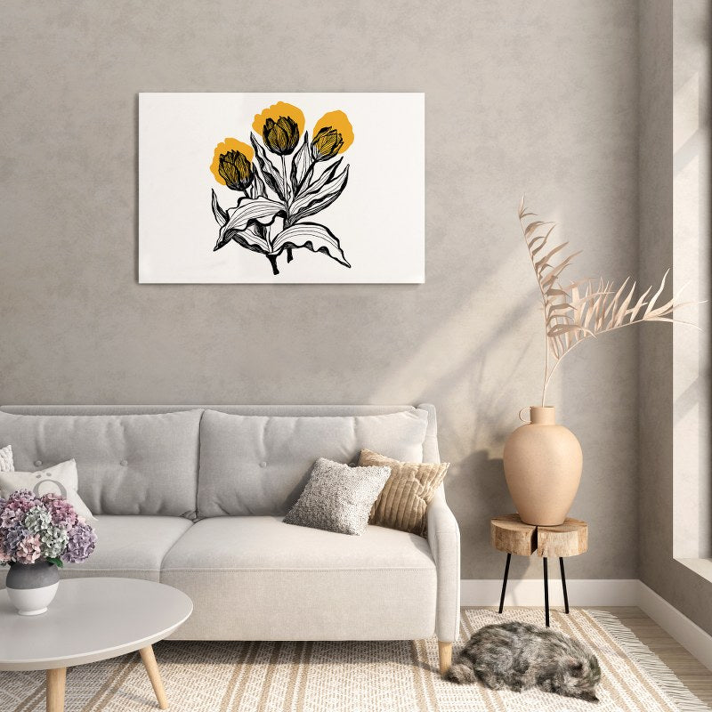 Detailed Illustration Three Flowers Black Yellow Printed canvas wall art