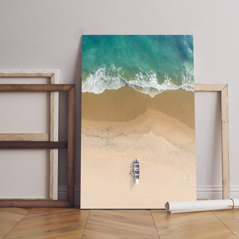 Top view shot people near boat and sand varkala beach Printed canvas wall art cm
