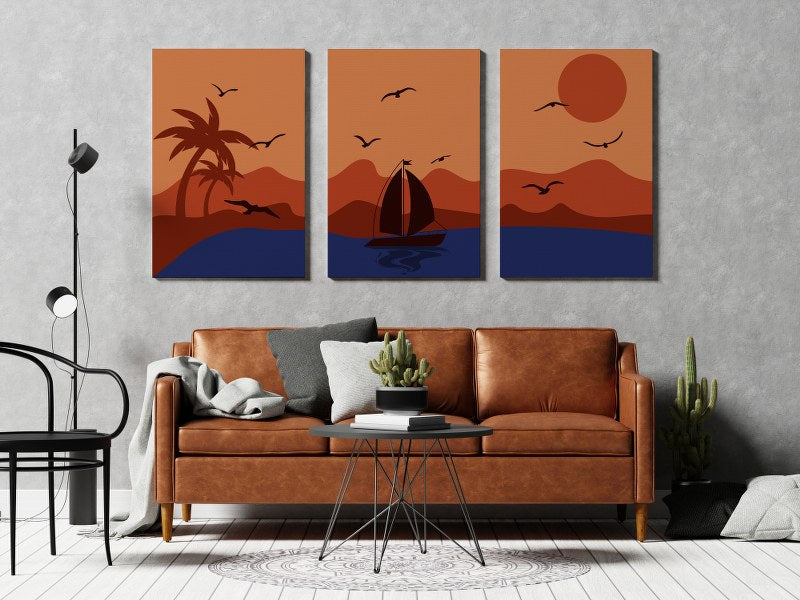 Set of Set of 3 sunset on the sea Printed canvas wall art cm