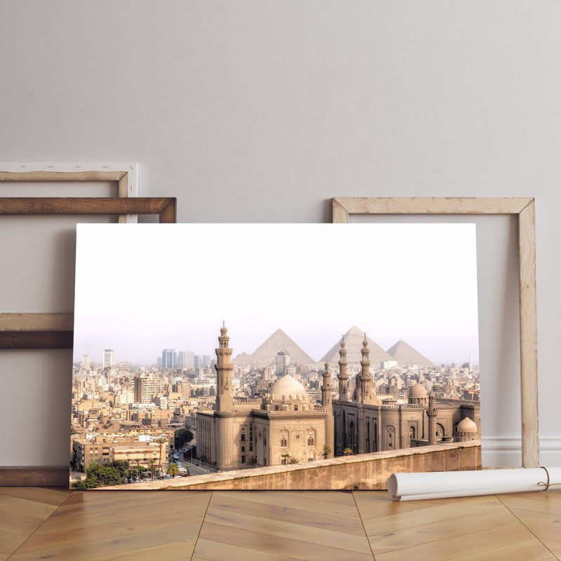 View mosque sultan hassan cairo with pyramids giza egypt