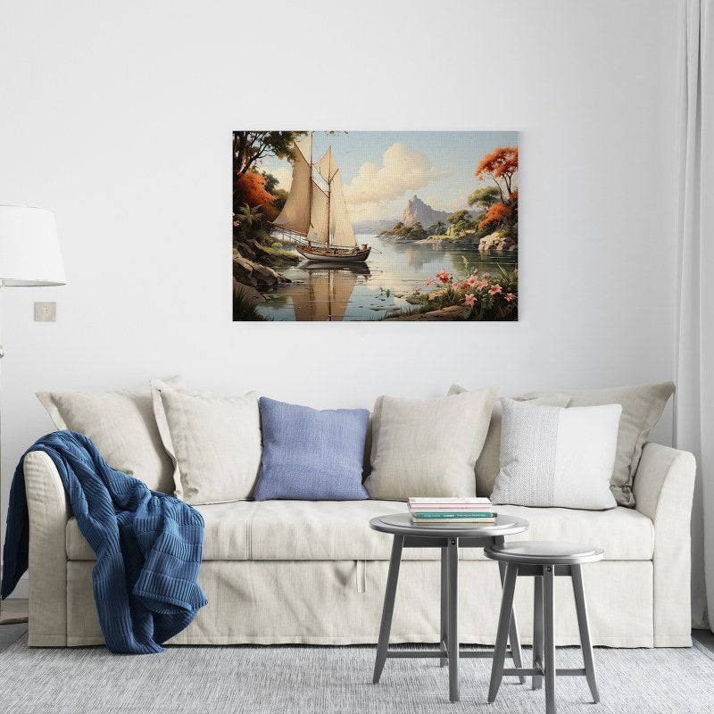 "Riverscape with Sailboat and Forest"Printed canvas wall art cm