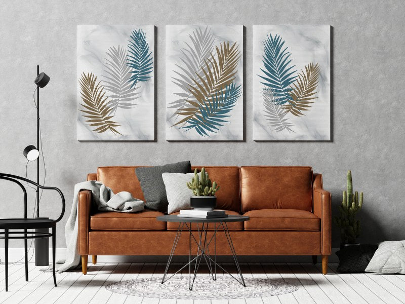 Set of Set 3 Abstract decorative background poster with palm branches and leaves in boho style