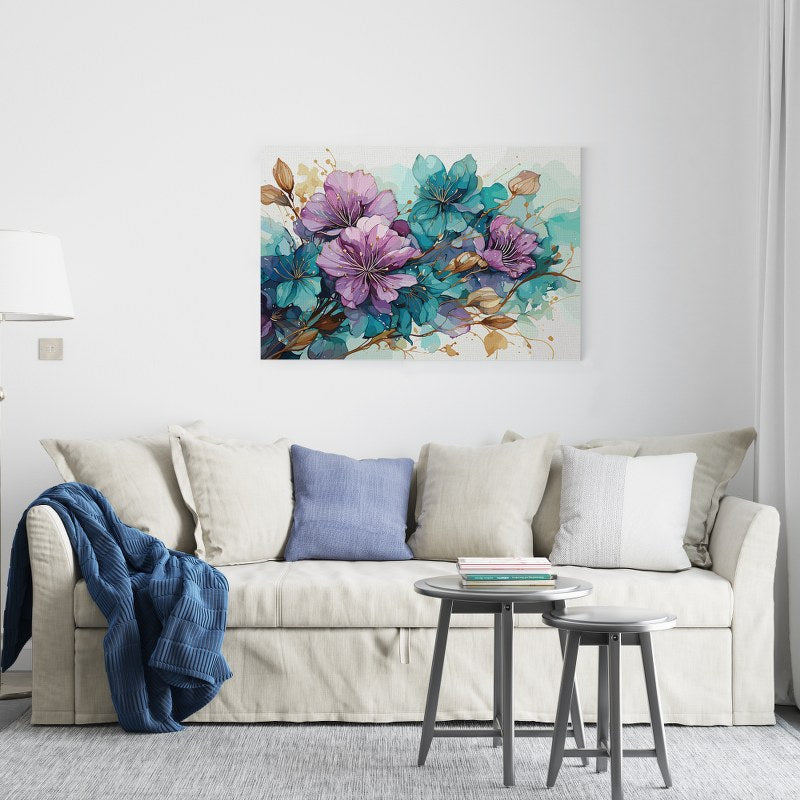 Teal Harmony Flower Stretched Printed Canvas wall art