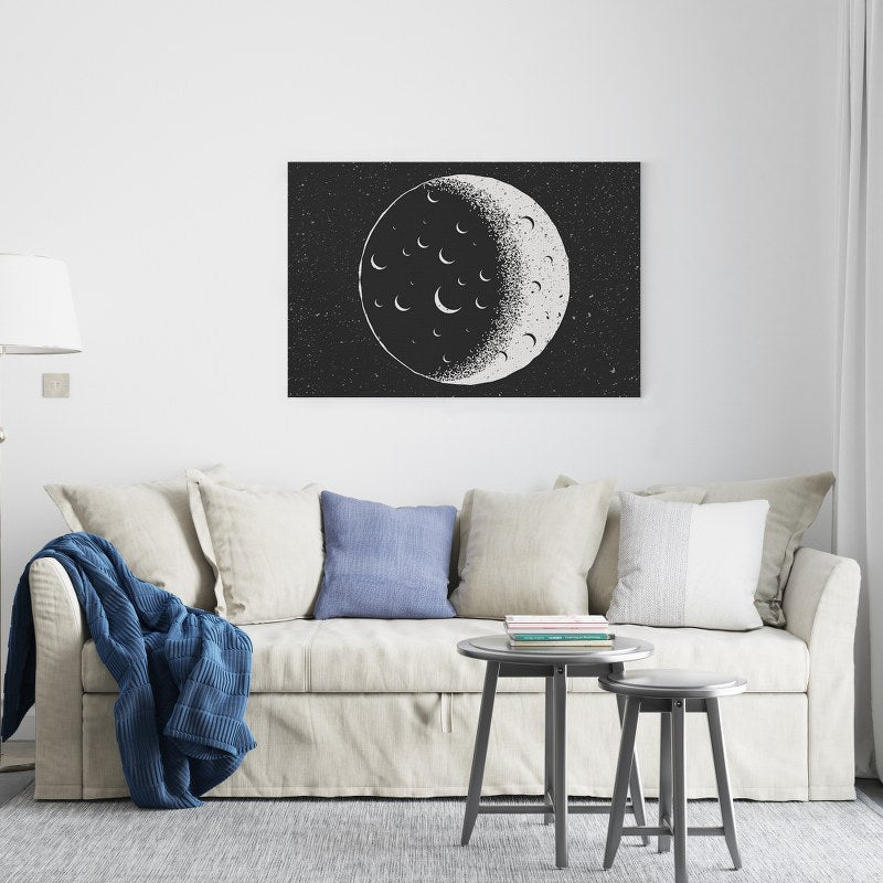 Full Moon Black And White Nighttime Printed Canvas wall art