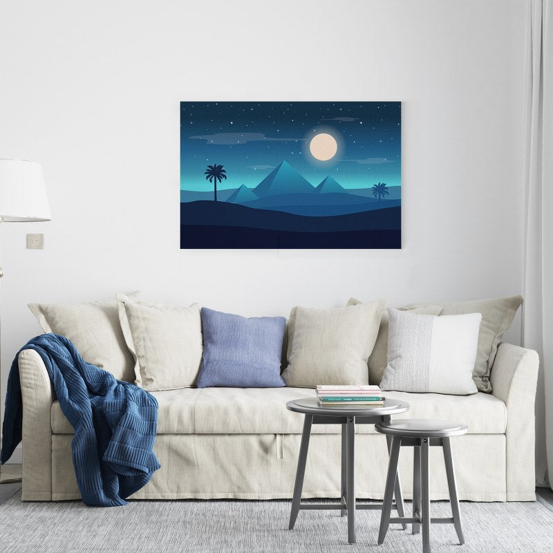 Pyramids and palm tress with full moon Printed Canvas wall art