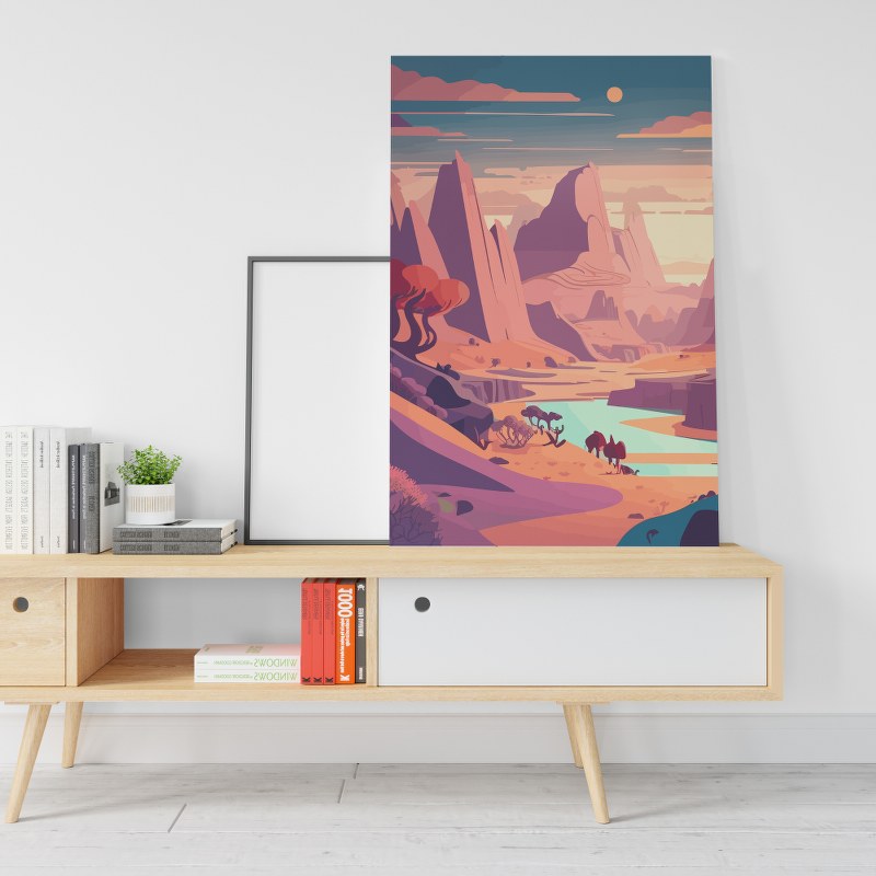 Mountain River and Desert Landscape with sunset Posters