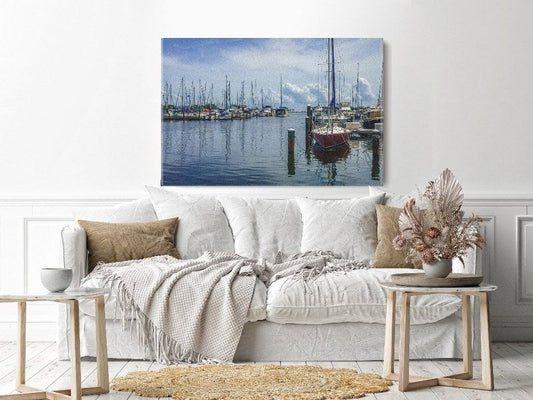 Canvas Wall Art, Abstract Portrait of Shoreline view of yachts on calm  cm