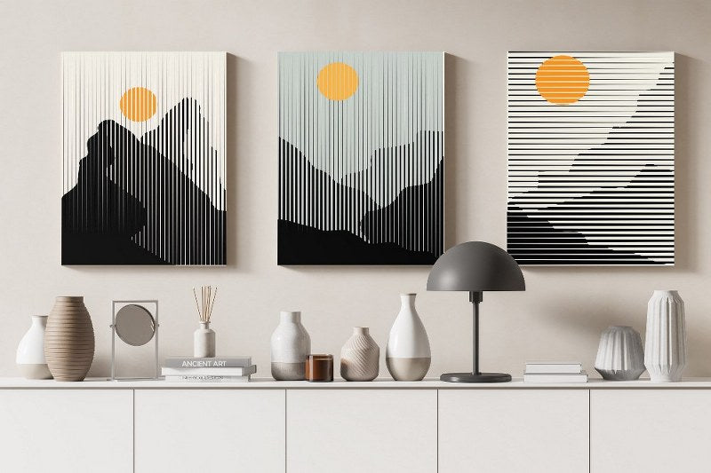 set of Canvas Wall Art, Abstract Portrait of mountain and sunset in boho style  cm