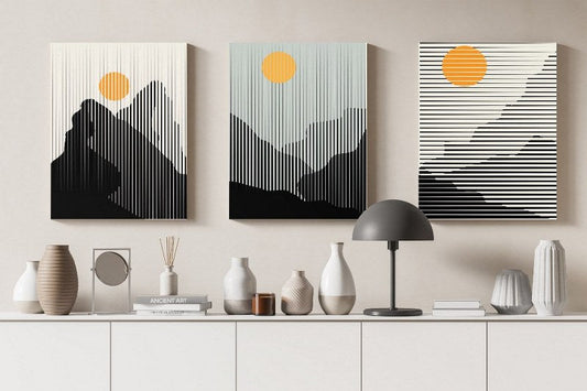 set of Canvas Wall Art, Abstract Portrait of mountain and sunset in boho style  cm