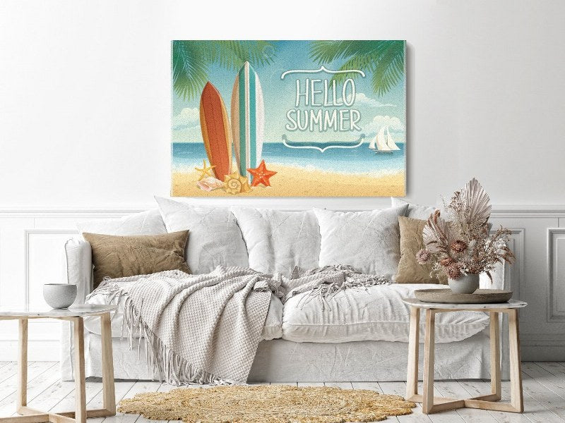 Canvas Wall Art, Abstract Portrait of summer background with surf boards