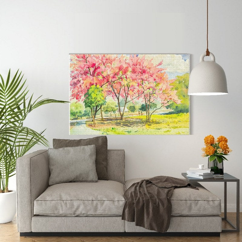 Canvas Wall Art, Abstract Portrait of wild himalayan cherry tree flowers in sky and cloud background