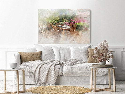 Canvas Wall Art, Abstract Portrait of garden table set flower pots and flower bushes.