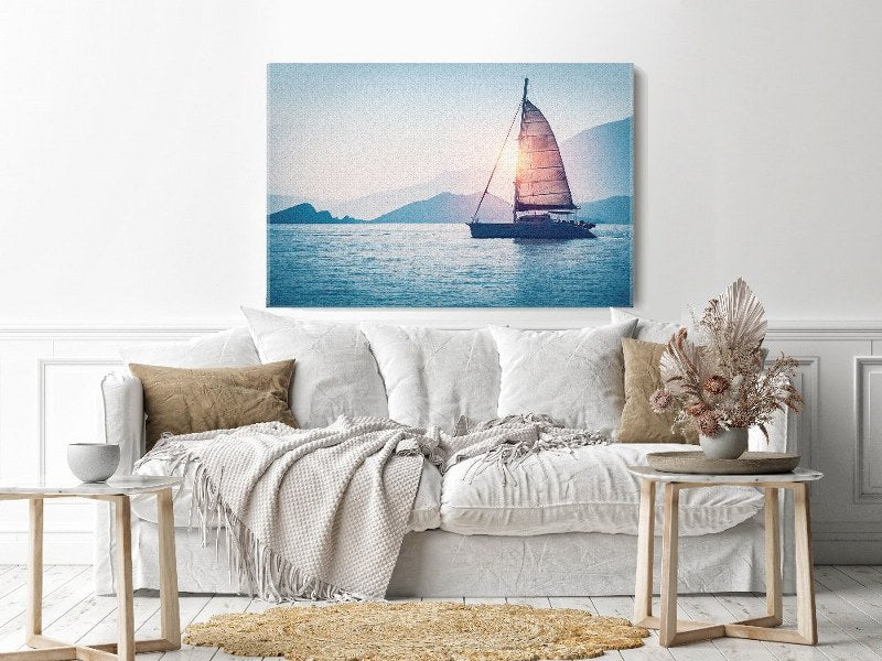 Canvas Wall Art, Abstract Portrait of Sailboat in the sea in the evening sunlight