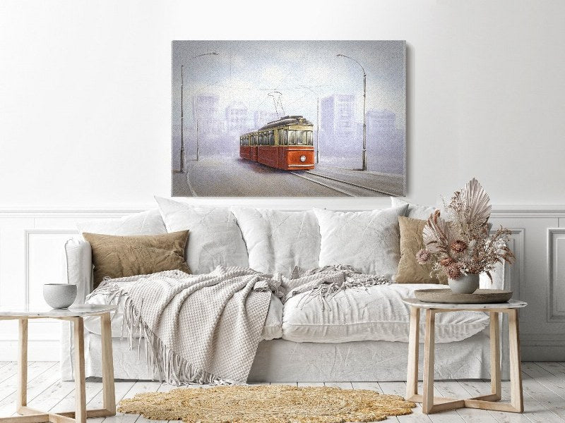 Canvas Wall Art, Abstract Portrait of old tram in old city