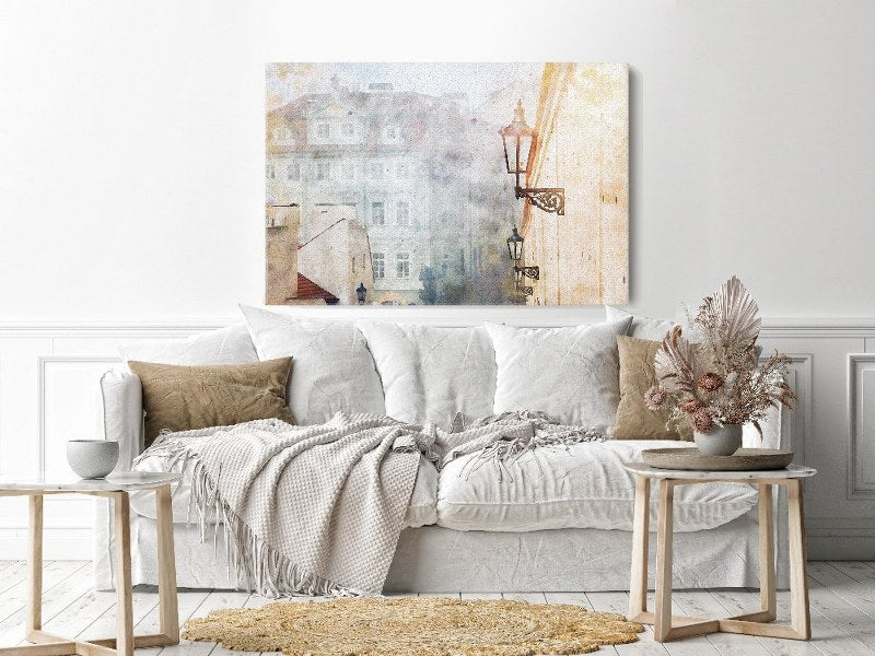 Canvas Wall Art, Abstract Portrait of Prague alley with old houses