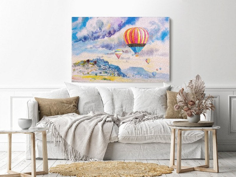 Canvas Wall Art, Abstract Portrait of hot air balloon on mountain village and blue sky cloud