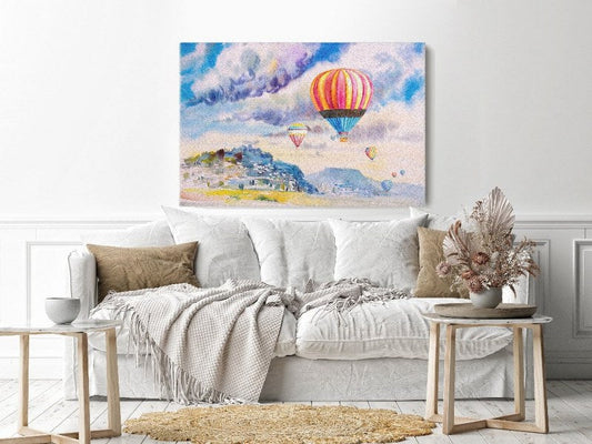 Canvas Wall Art, Abstract Portrait of hot air balloon on mountain village and blue sky cloud
