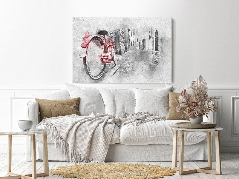 Canvas Wall Art, Abstract Portrait of retro vintage red bike on cobblestone street