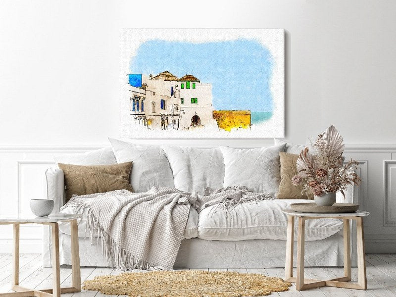Canvas Wall Art, Abstract Portrait of Promenade street along the sea walls morocco