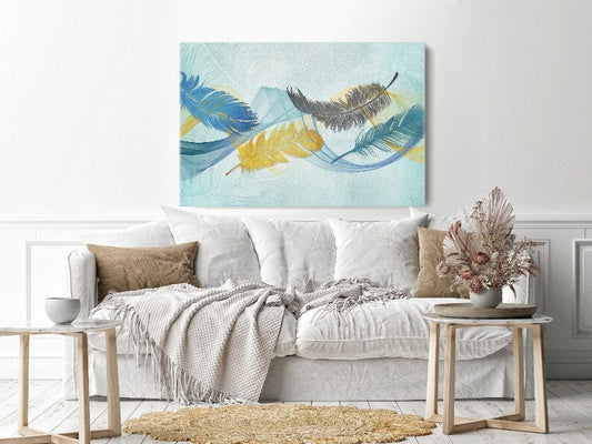 Canvas Wall Art, Abstract Portrait of feather and blue line art background pattern
