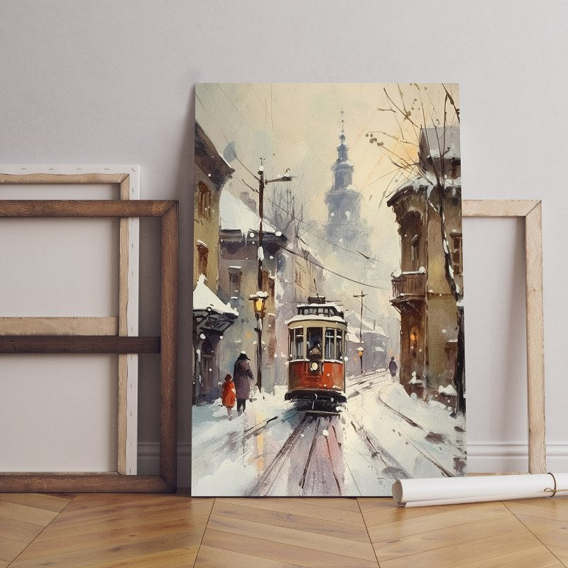 home gallery painting red tram snow Printed Canvas wall art   cm