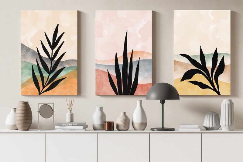 set of Home Gallery leaves boho branch Printed canvas wall art   cm