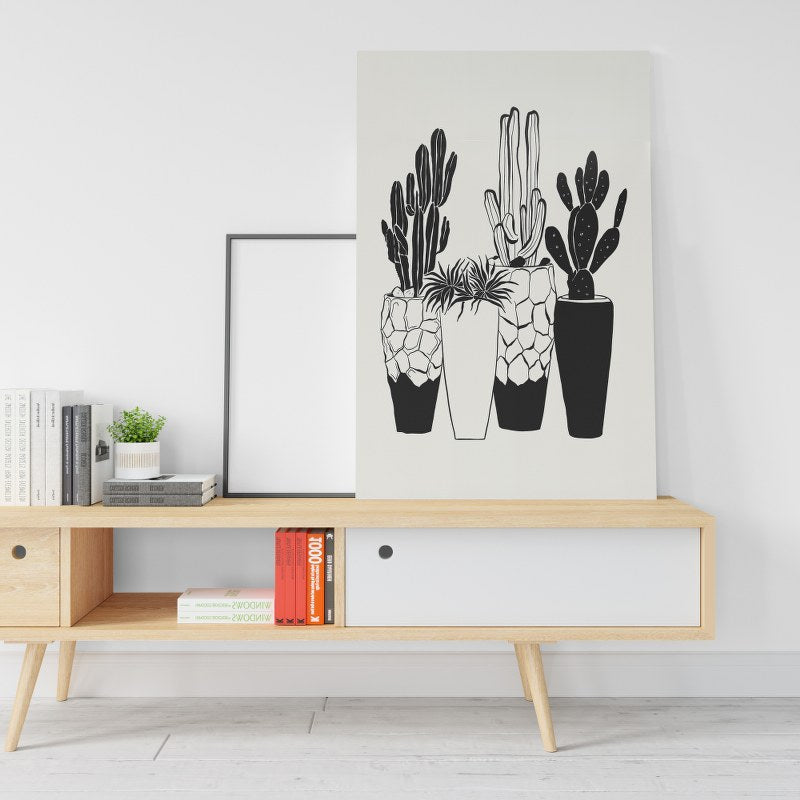 Four Cactus Black And White Potted Plant Printed canvas wall art