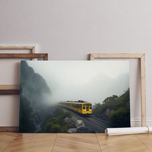 Steam Yellow Train On Tracks Printed canvas wall art