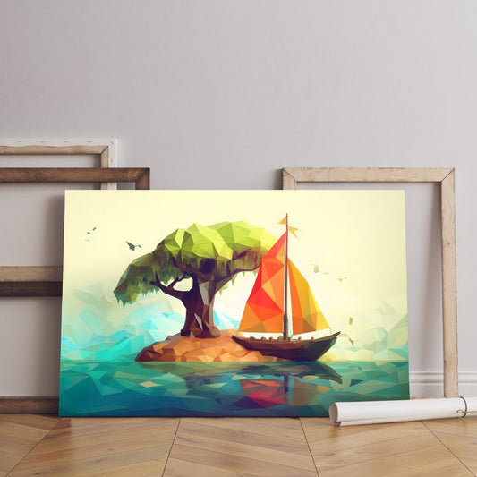 Low poly illustration small island with boat Printed canvas wall art