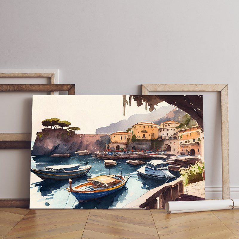 Harbor with boats on the water at sorrento itally Printed canvas wall art