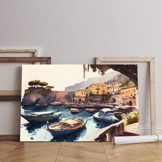 Harbor with boats on the water at sorrento itally Printed canvas wall art