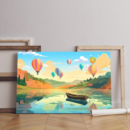 Painting boat floating lake with many colorful balloons floating in the sky