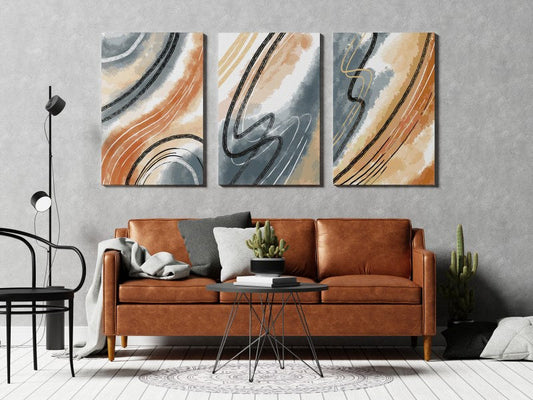 set of Orange Gray Abstract Set of 3 Posters Large Abstract Rust